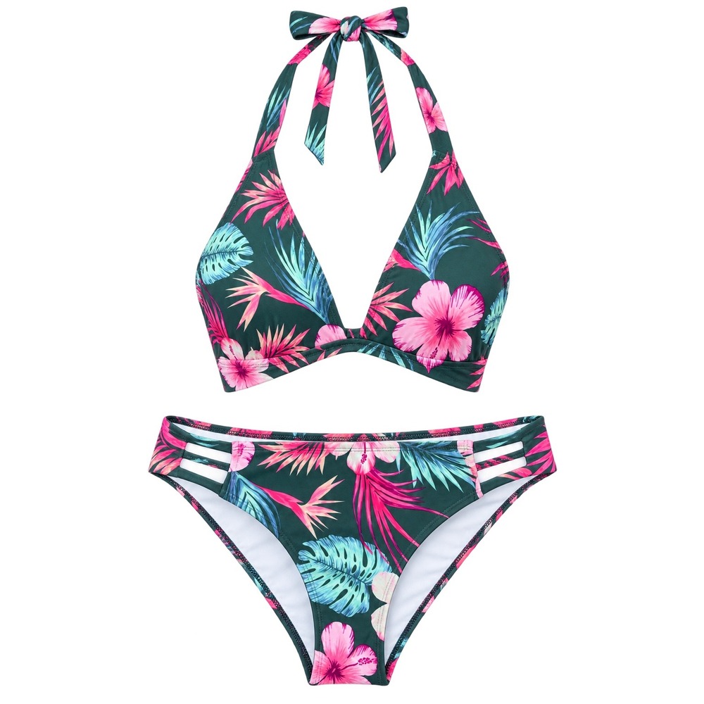PINK Victoria's Secret Tropical Floral Halter Bikini Medium beach vacation green